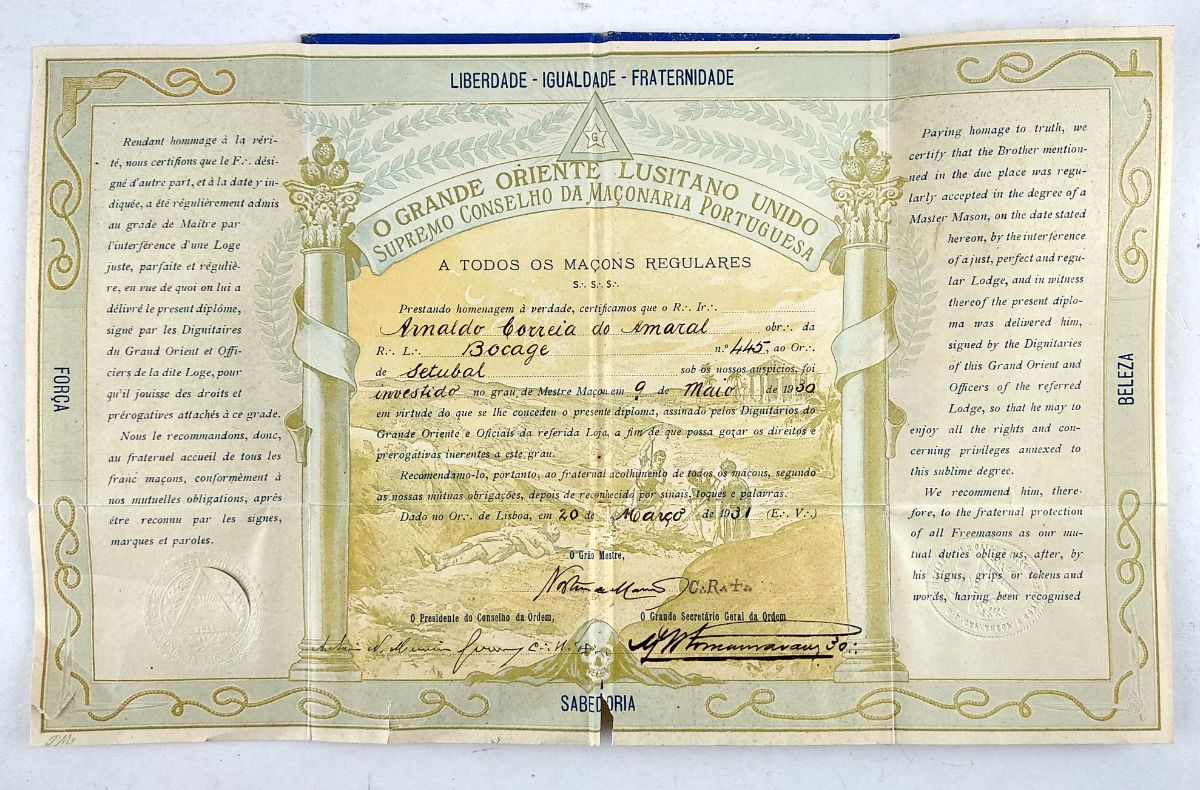 Diploma maçónico assinado por Norton de Matos (1931)