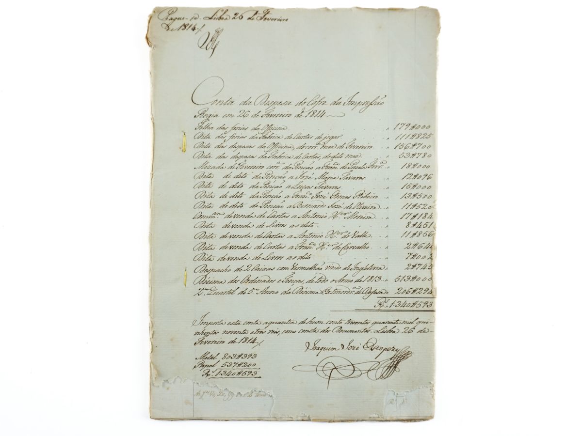 Conta da Despesa do Cofre da Impressão Régia em 26 de Fevereiro de 1814