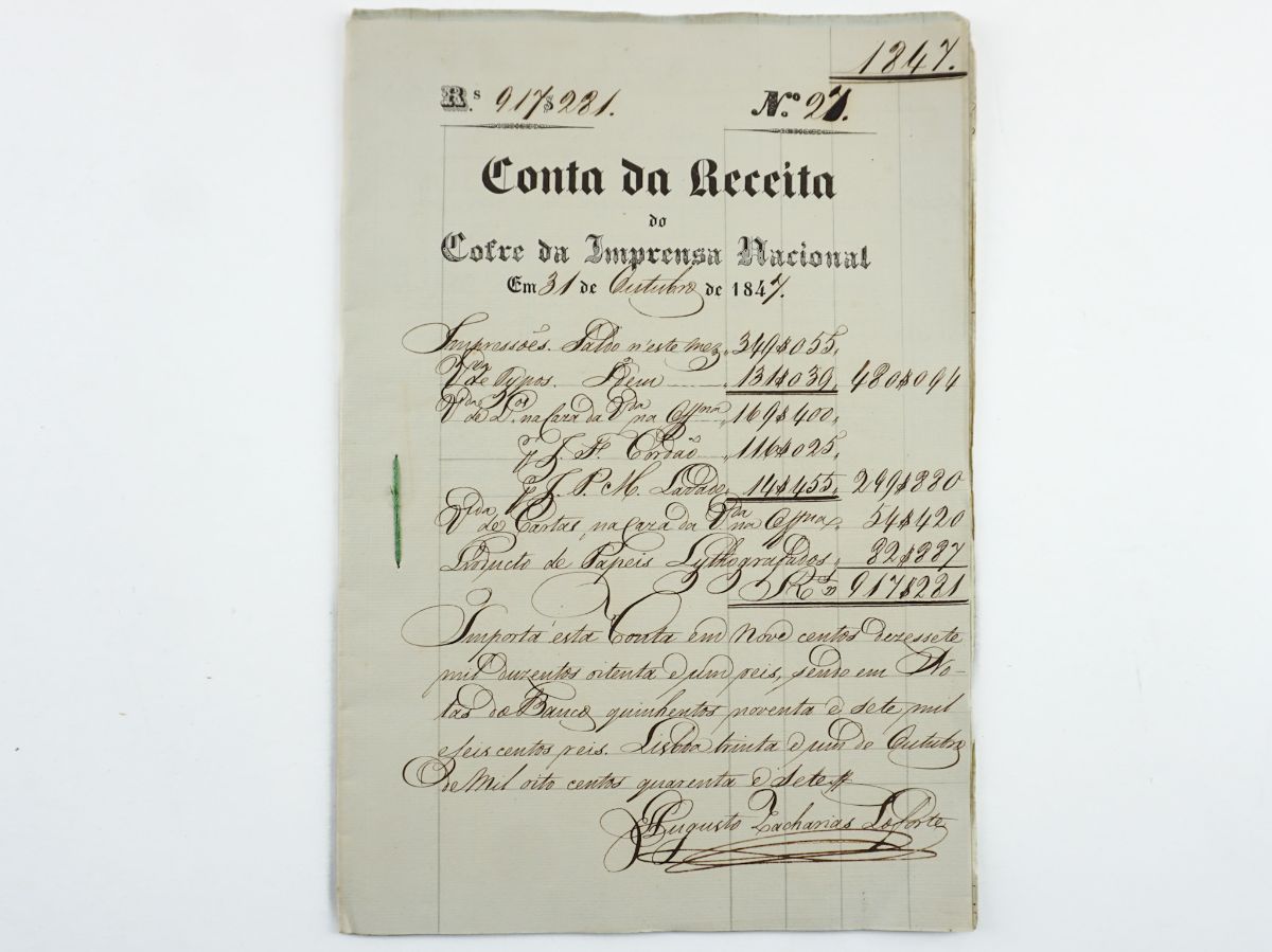 Conta da Receita do Cofre da Imprensa Nacional em 31 de Outubro de 1847 –