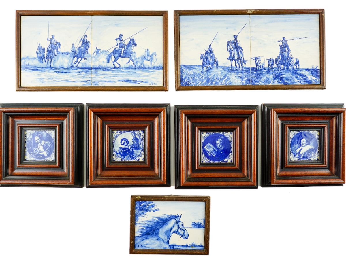 3 painéis de azulejos com cavalos e campinos