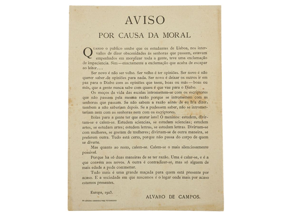 Aviso Por Causa da Moral Fernando Pessoa – Álvaro de Campos