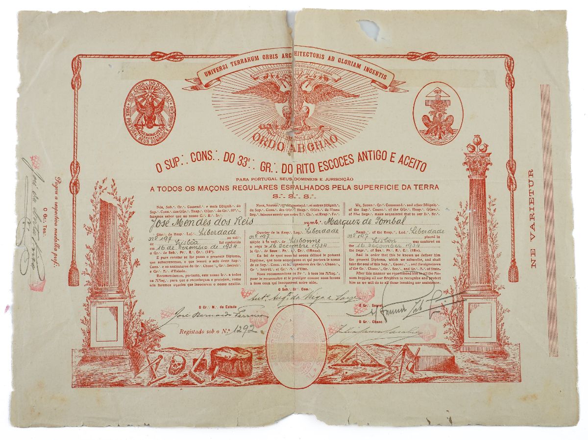 Diploma maçónico do coronel Mendes dos Reis (1931)